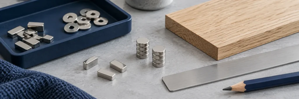 Pequeños imanes de neodimio preparados para un proyecto de bricolaje sobre una mesa de trabajo